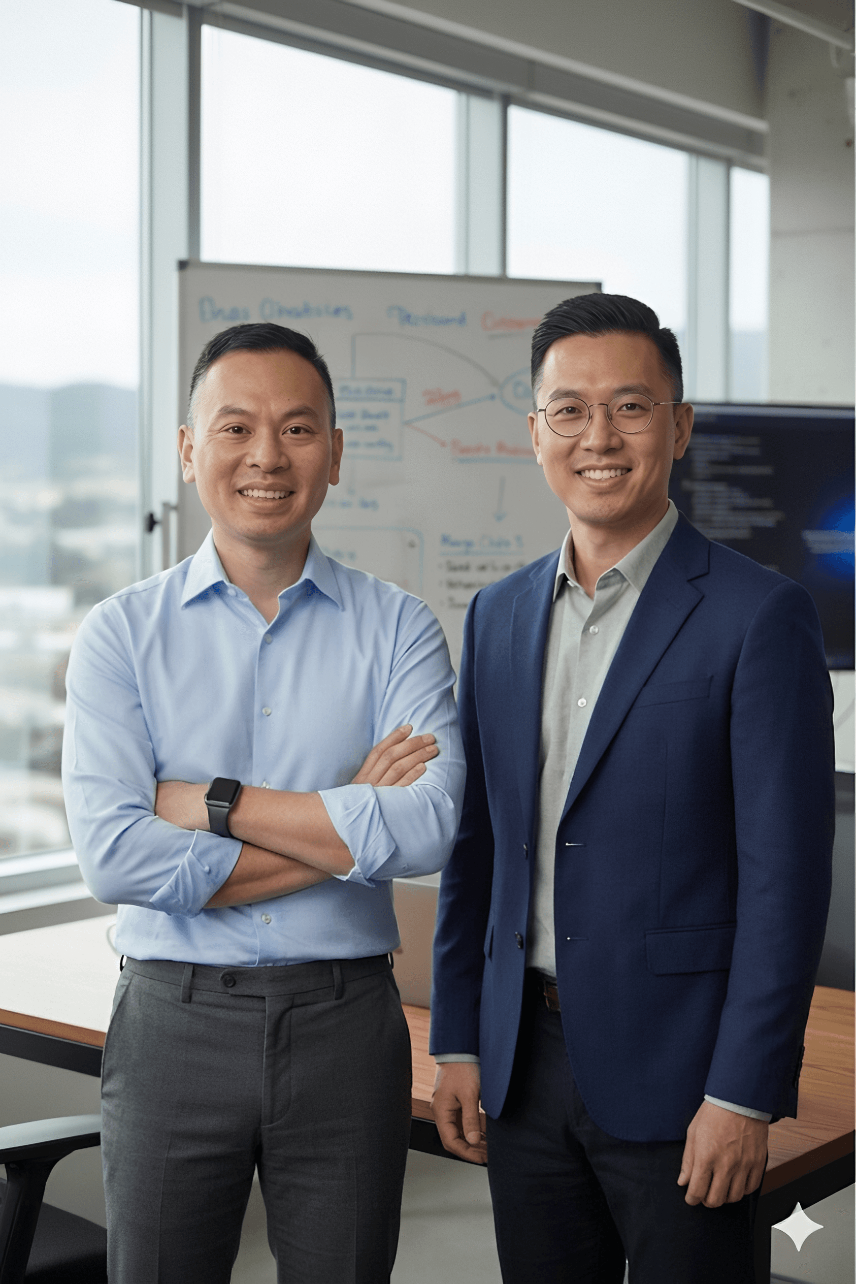 Peter Liu (left) and Sam Chen (right), Co-Founders of AutoCalc, standing in front of a whiteboard