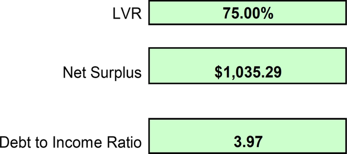 NAB workbook cells showing LVR 75.00%, Net Surplus $1,035.29 and Debt to Income Ratio 3.97